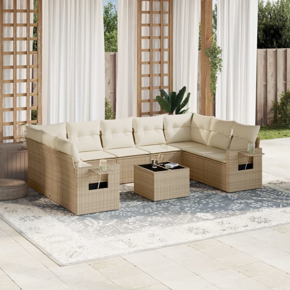 vidaXL Soffgrupp för trädgård med dynor 10 delar beige konstrotting