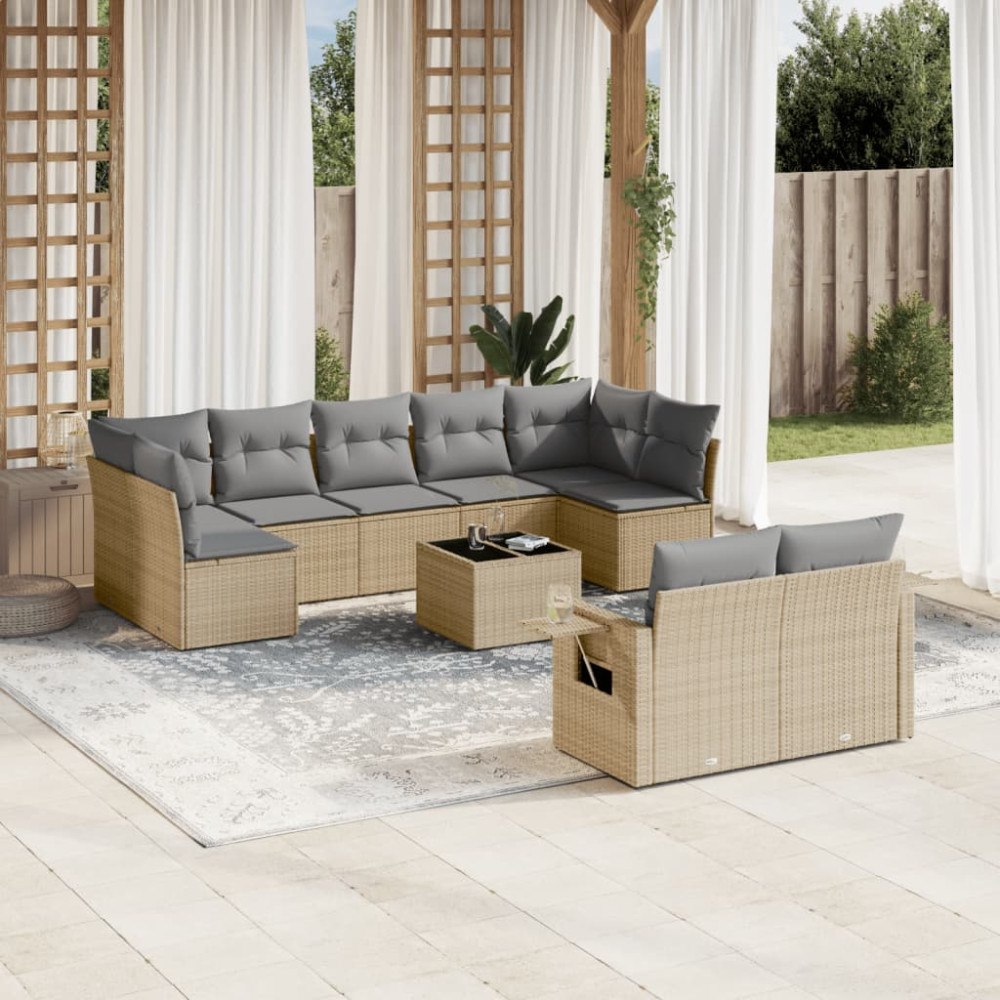 vidaXL Soffgrupp för trädgård med dynor 10 delar beige konstrotting