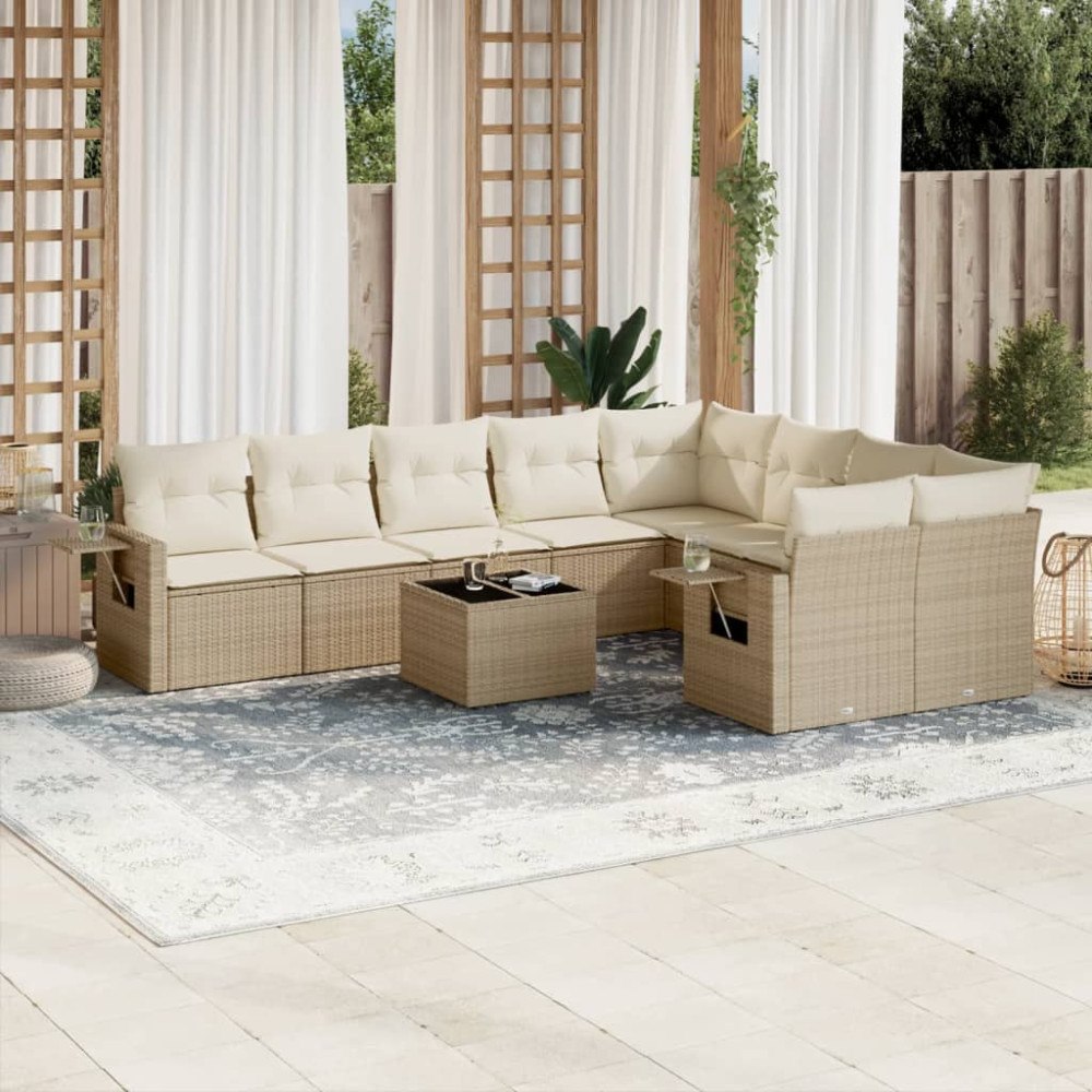 vidaXL Soffgrupp för trädgård med dynor 10 delar beige konstrotting