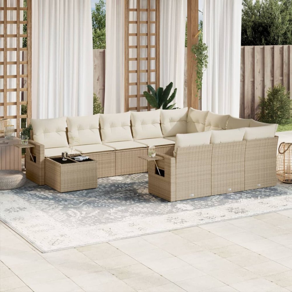 vidaXL Loungegrupp för trädgården m. dynor 11 delar beige konstrotting