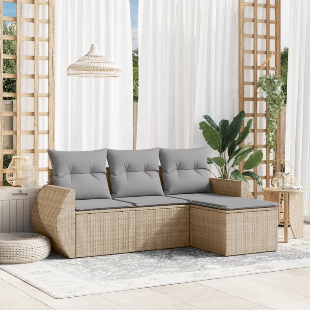 vidaXL Soffgrupp för trädgård med dynor 4 delar beige konstrotting