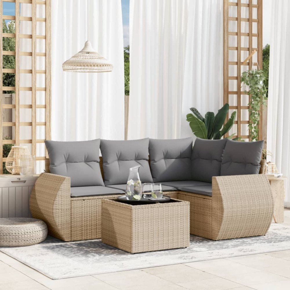vidaXL Soffgrupp för trädgården med dynor 5 delar beige konstrotting