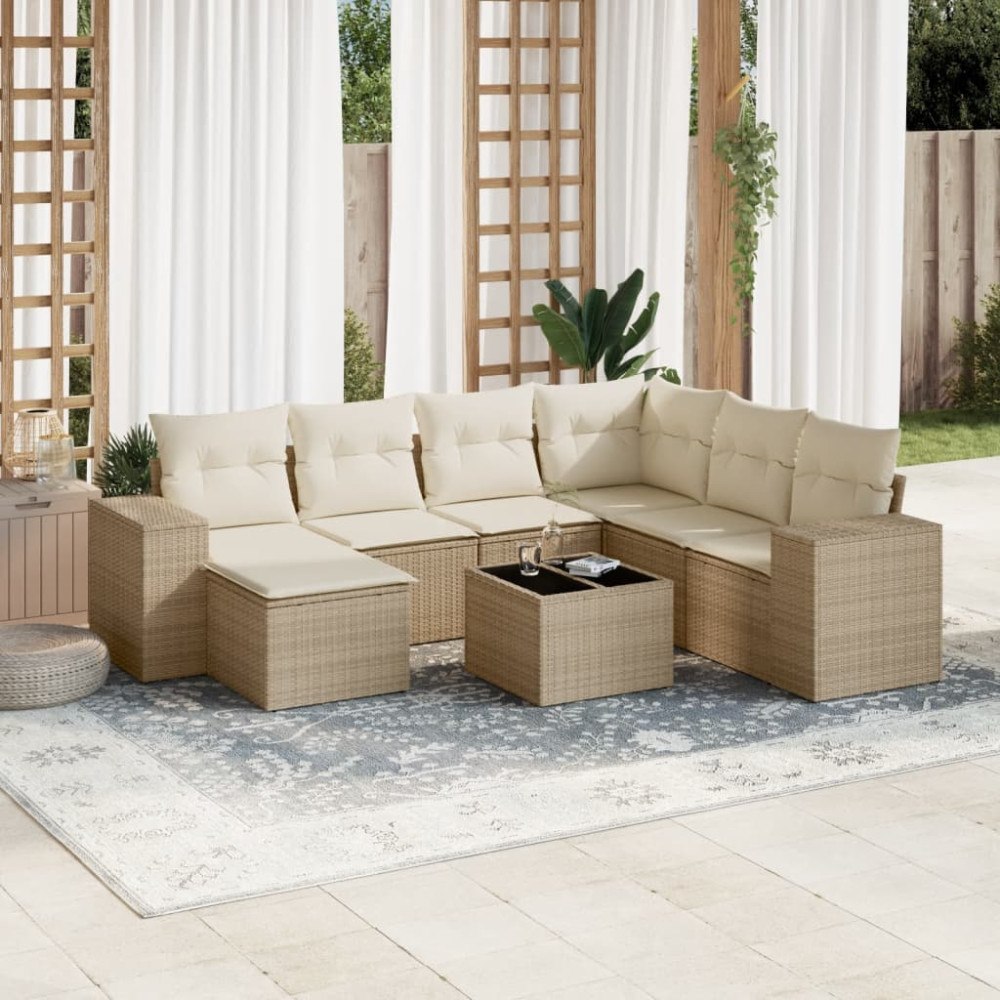 vidaXL Matgrupp för trädgården med dynor 8 delar beige konstrotting