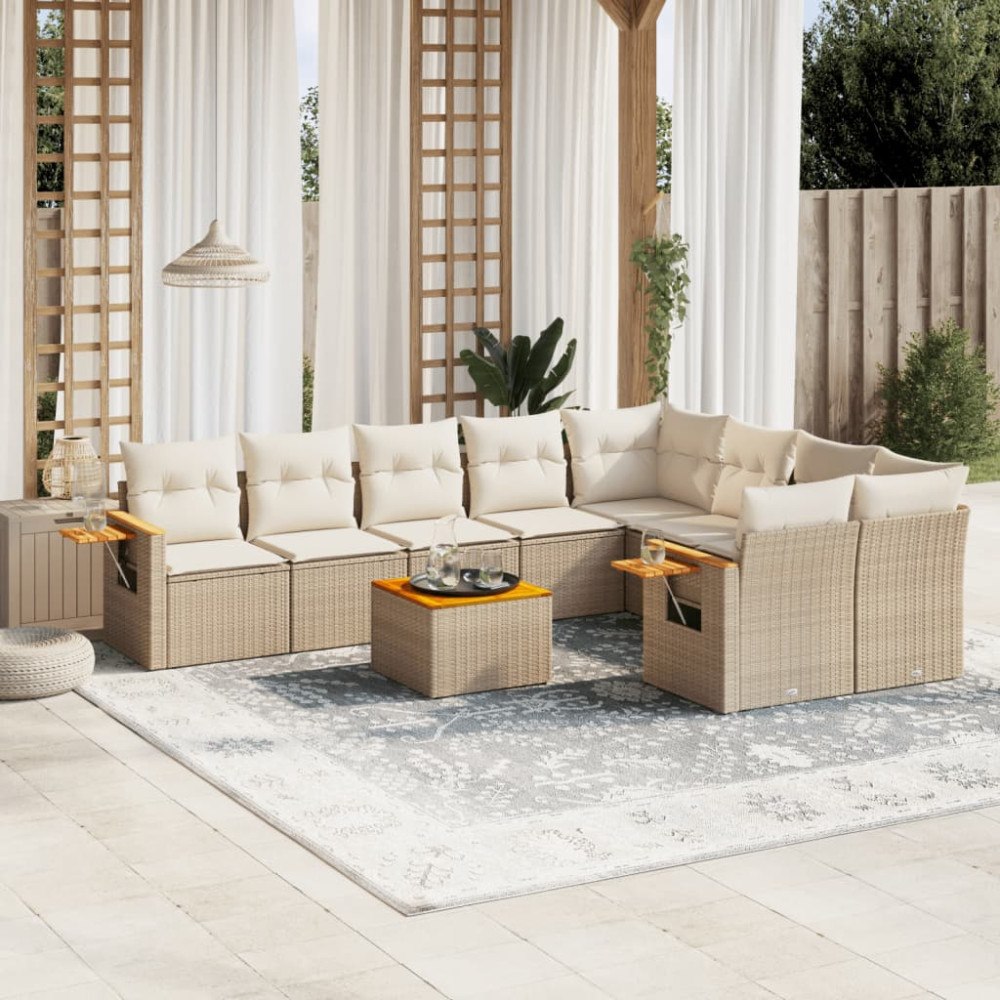 vidaXL Soffgrupp för trädgård med dynor 10 delar beige konstrotting