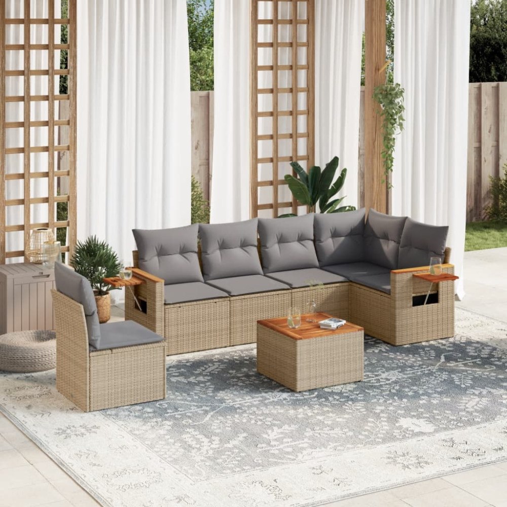 vidaXL Matgrupp för trädgården med dynor 7 delar beige konstrotting