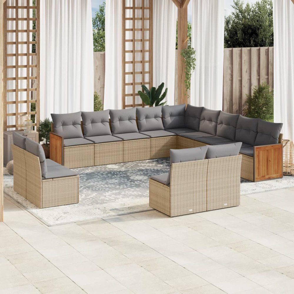 vidaXL Soffgrupp för trädgården med dynor 13 delar beige konstrotting