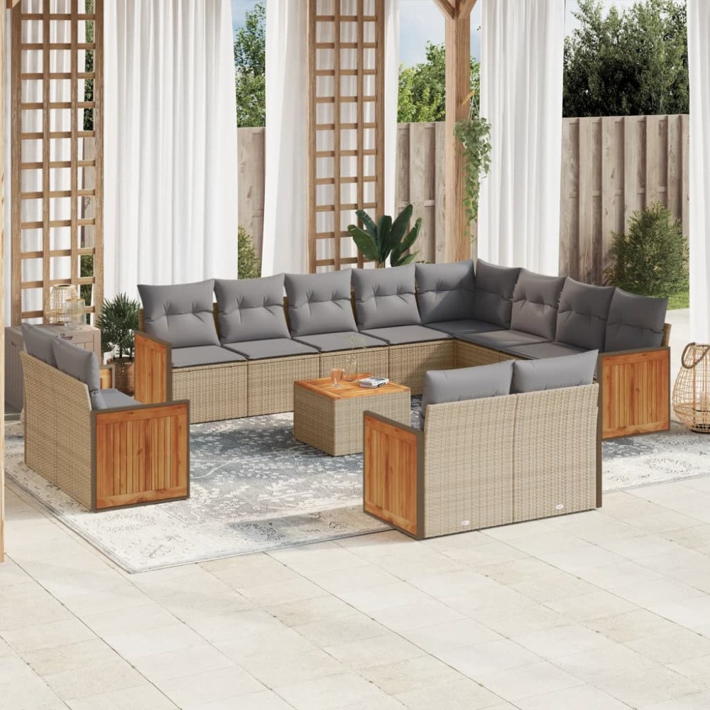 vidaXL Soffgrupp för trädgården med dynor 13 delar beige konstrotting