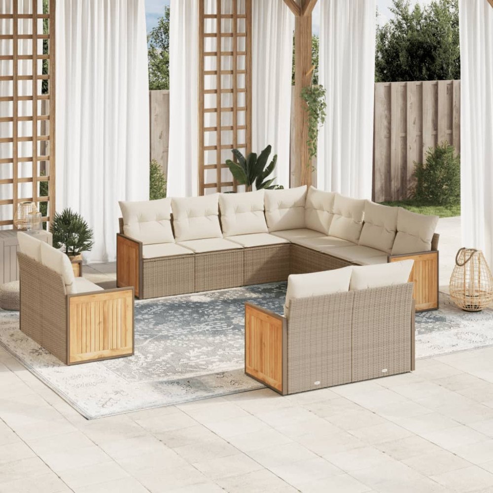 vidaXL Loungegrupp för trädgården m. dynor 11 delar beige konstrotting