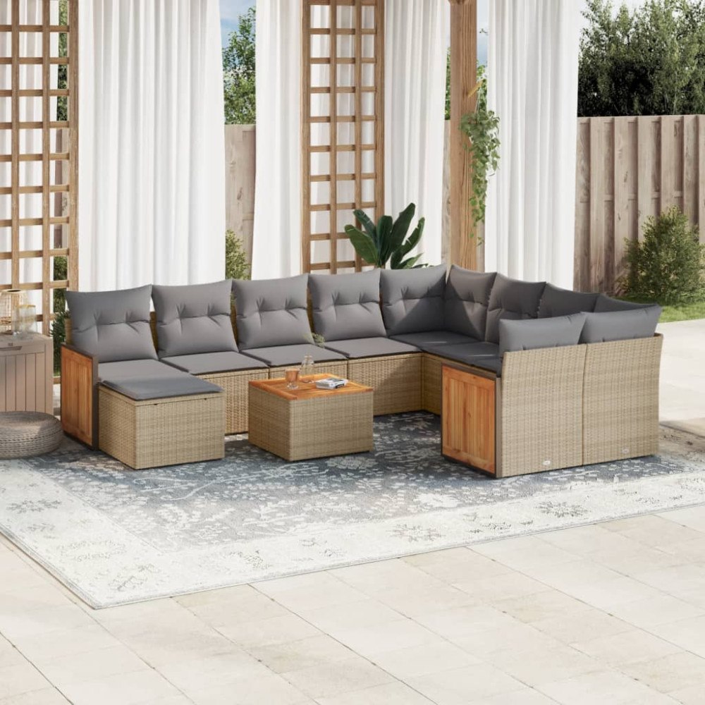 vidaXL Loungegrupp för trädgården m. dynor 11 delar beige konstrotting