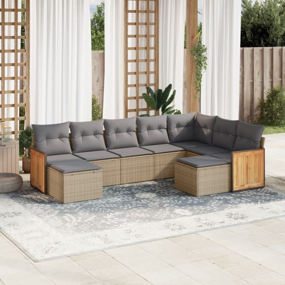 vidaXL Soffgrupp för trädgården med dynor 9 delar beige konstrotting