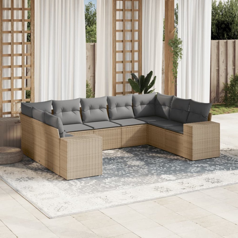 vidaXL Soffgrupp för trädgården med dynor 9 delar beige konstrotting