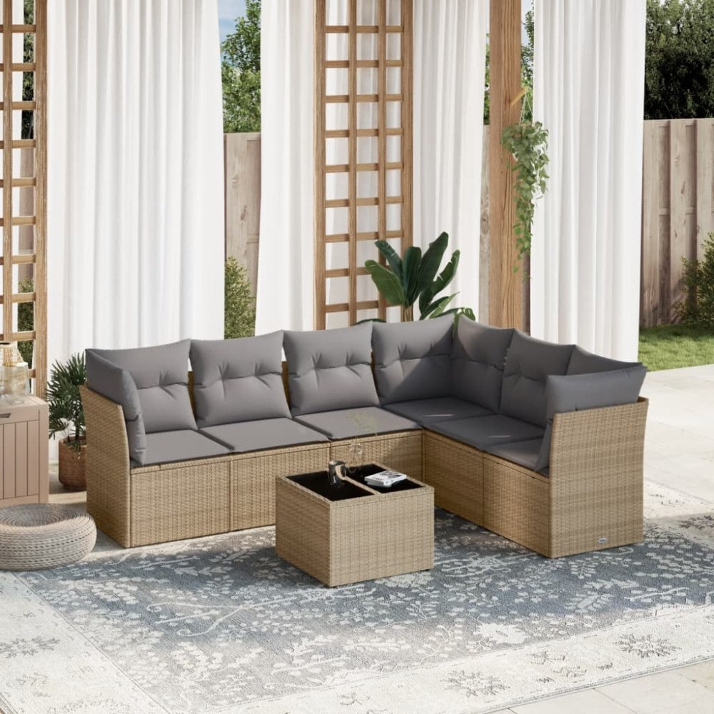vidaXL Matgrupp för trädgården med dynor 7 delar beige konstrotting
