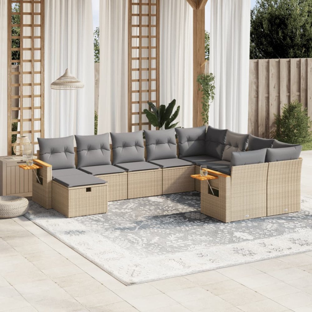 vidaXL Soffgrupp för trädgård med dynor 10 delar beige konstrotting