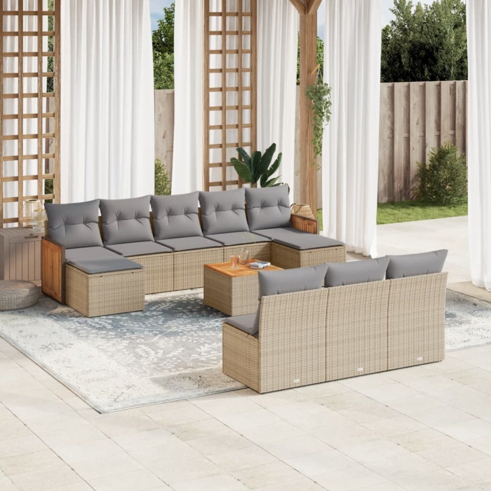 vidaXL Loungegrupp för trädgården m. dynor 11 delar beige konstrotting