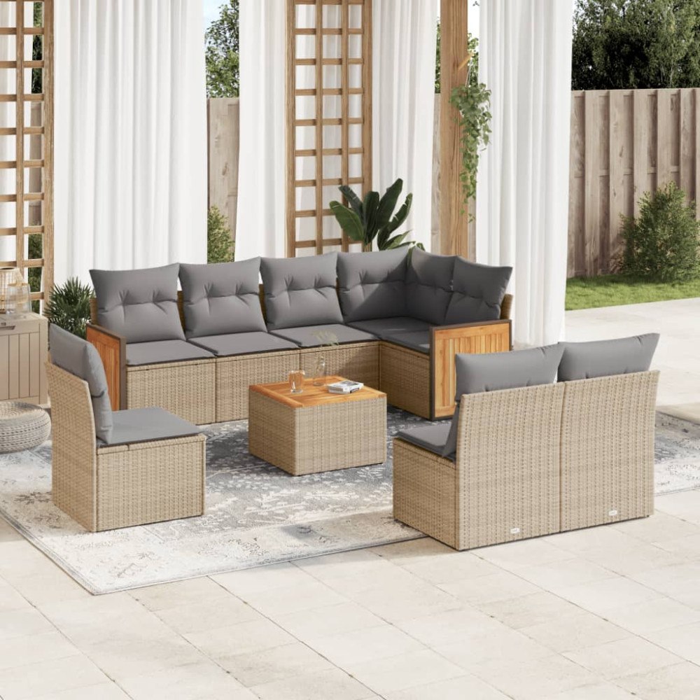 vidaXL Soffgrupp för trädgården med dynor 9 delar beige konstrotting