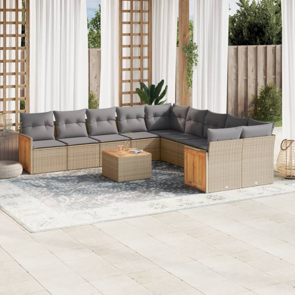 vidaXL Loungegrupp för trädgården m. dynor 11 delar beige konstrotting