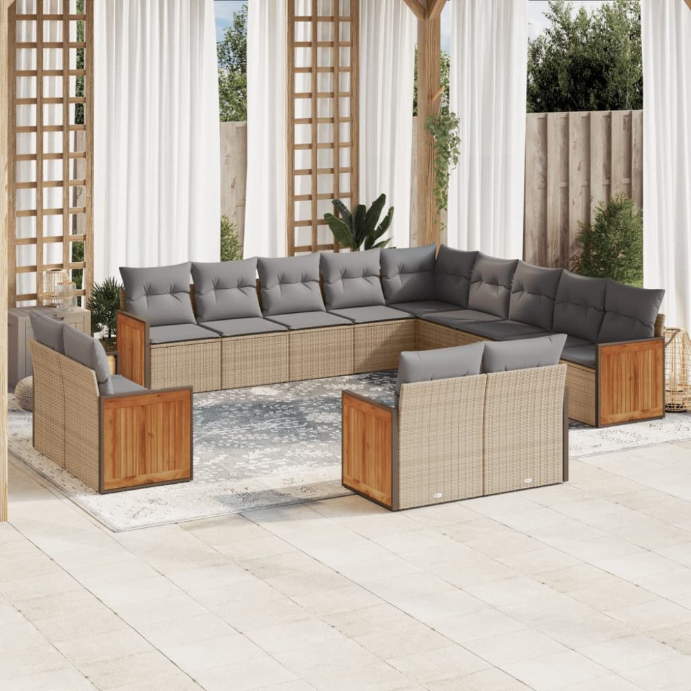 vidaXL Soffgrupp för trädgården med dynor 13 delar beige konstrotting