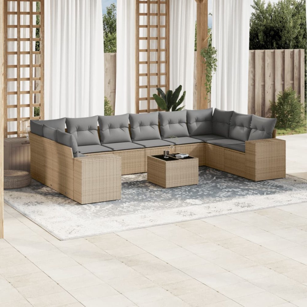 vidaXL Loungegrupp för trädgården m. dynor 11 delar beige konstrotting