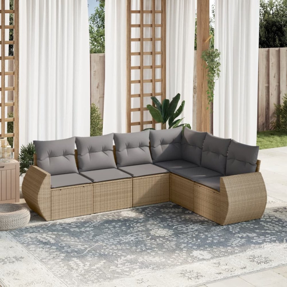 vidaXL Soffgrupp för trädgården med dynor 6 delar beige konstrotting
