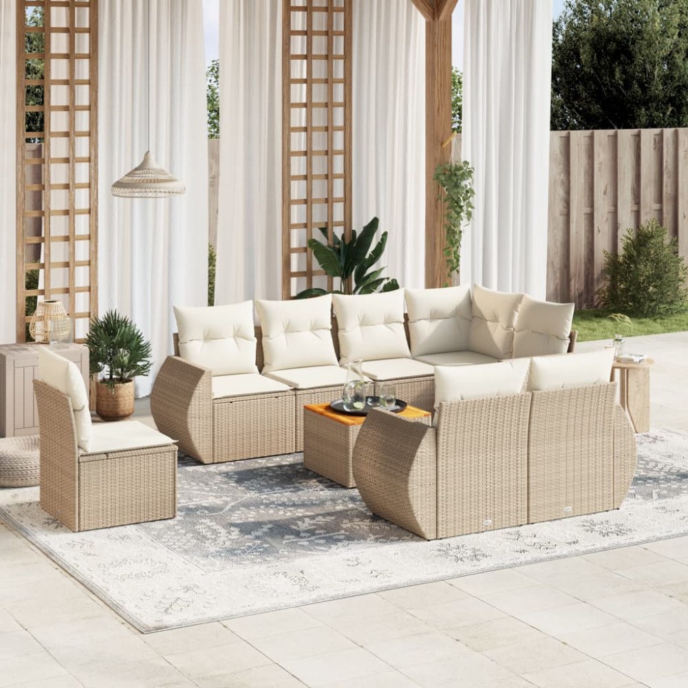 vidaXL Soffgrupp för trädgården med dynor 9 delar beige konstrotting