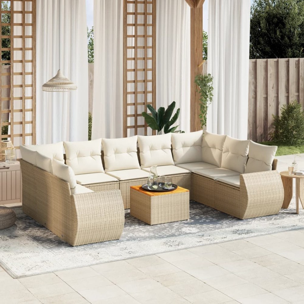 vidaXL Soffgrupp för trädgård med dynor 10 delar beige konstrotting