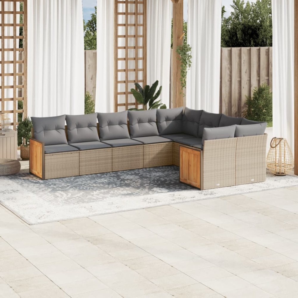 vidaXL Soffgrupp för trädgården med dynor 9 delar beige konstrotting