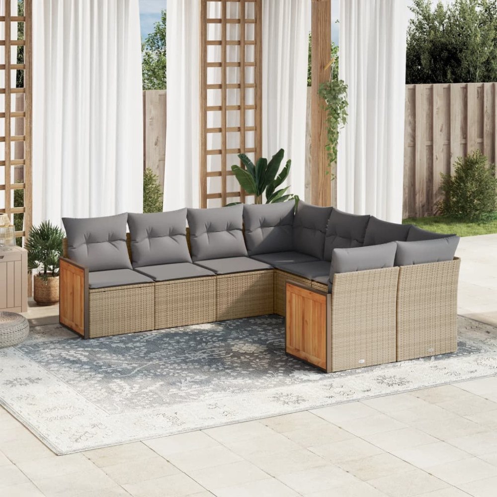 vidaXL Matgrupp för trädgården med dynor 8 delar beige konstrotting