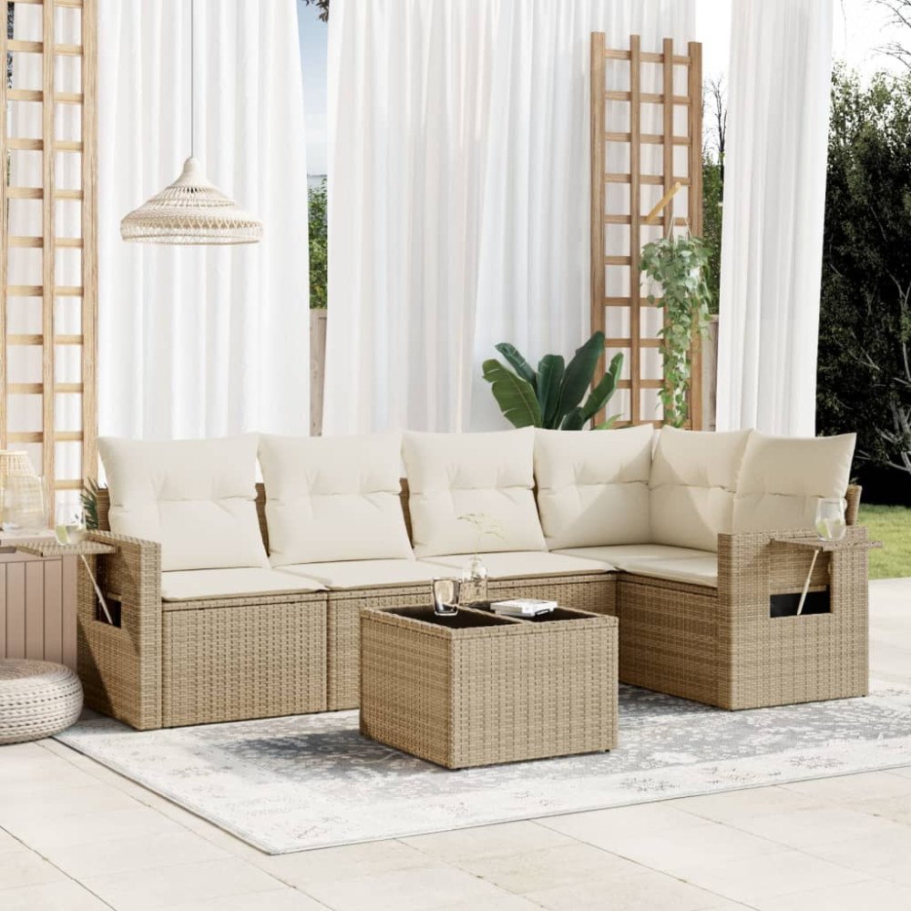 vidaXL Soffgrupp för trädgården med dynor 6 delar beige konstrotting