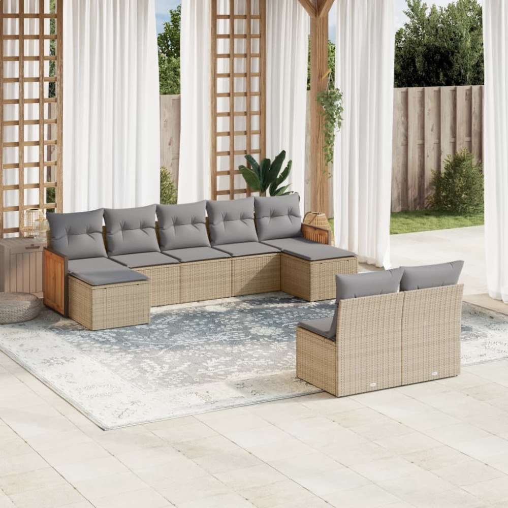 vidaXL Soffgrupp för trädgården med dynor 9 delar beige konstrotting