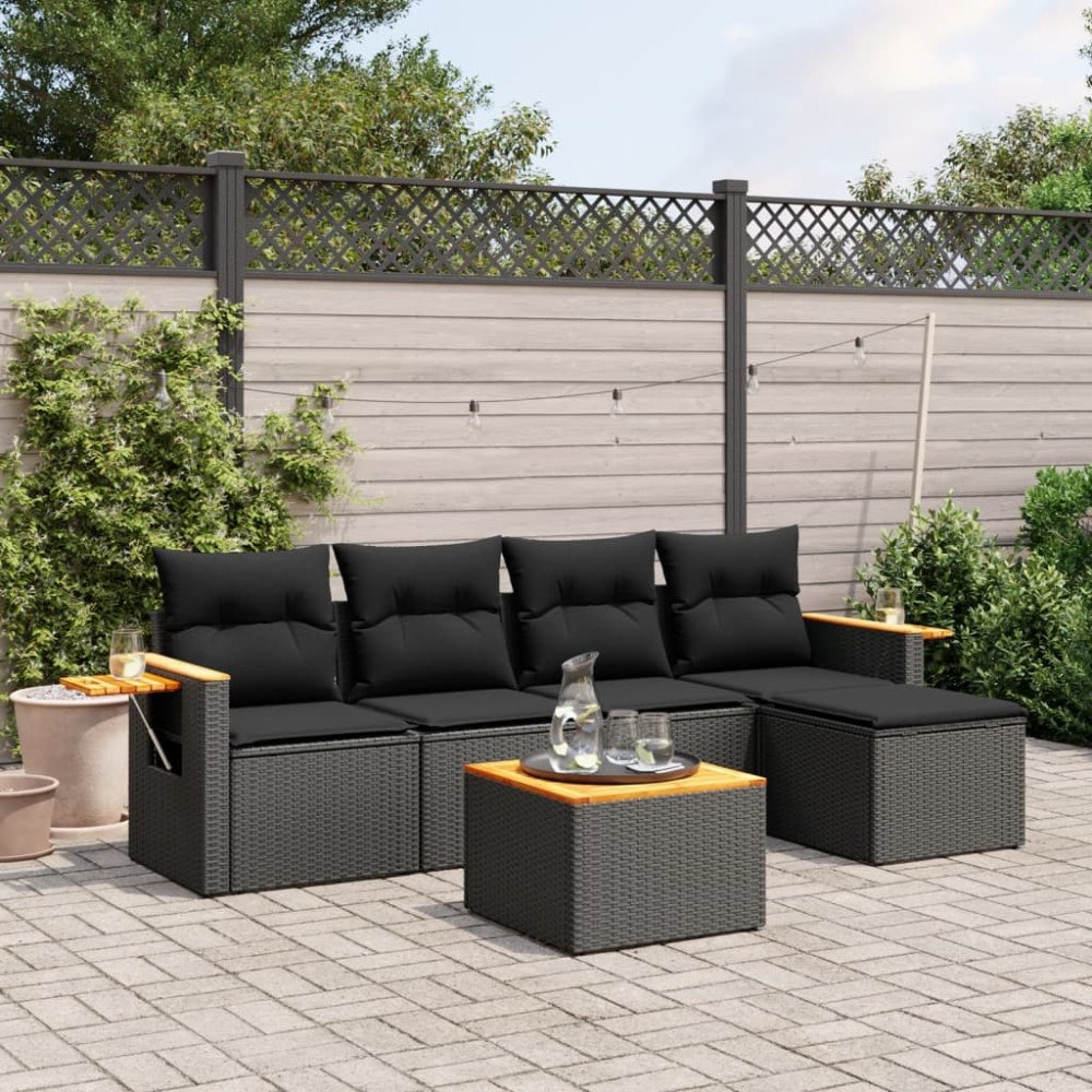 vidaXL Loungegrupp med dynor 6 delar svart konstrotting