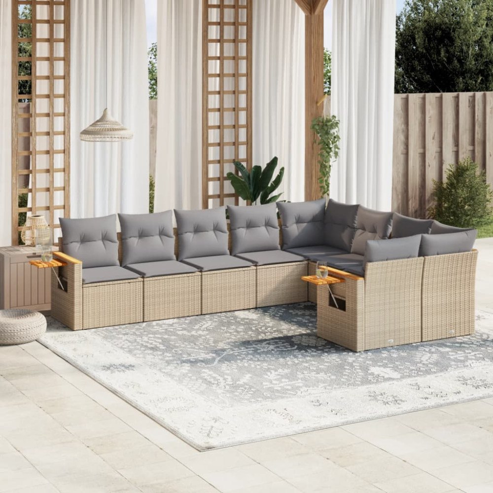 vidaXL Soffgrupp för trädgården med dynor 9 delar beige konstrotting