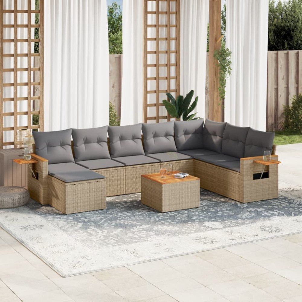 vidaXL Soffgrupp för trädgården med dynor 9 delar beige konstrotting
