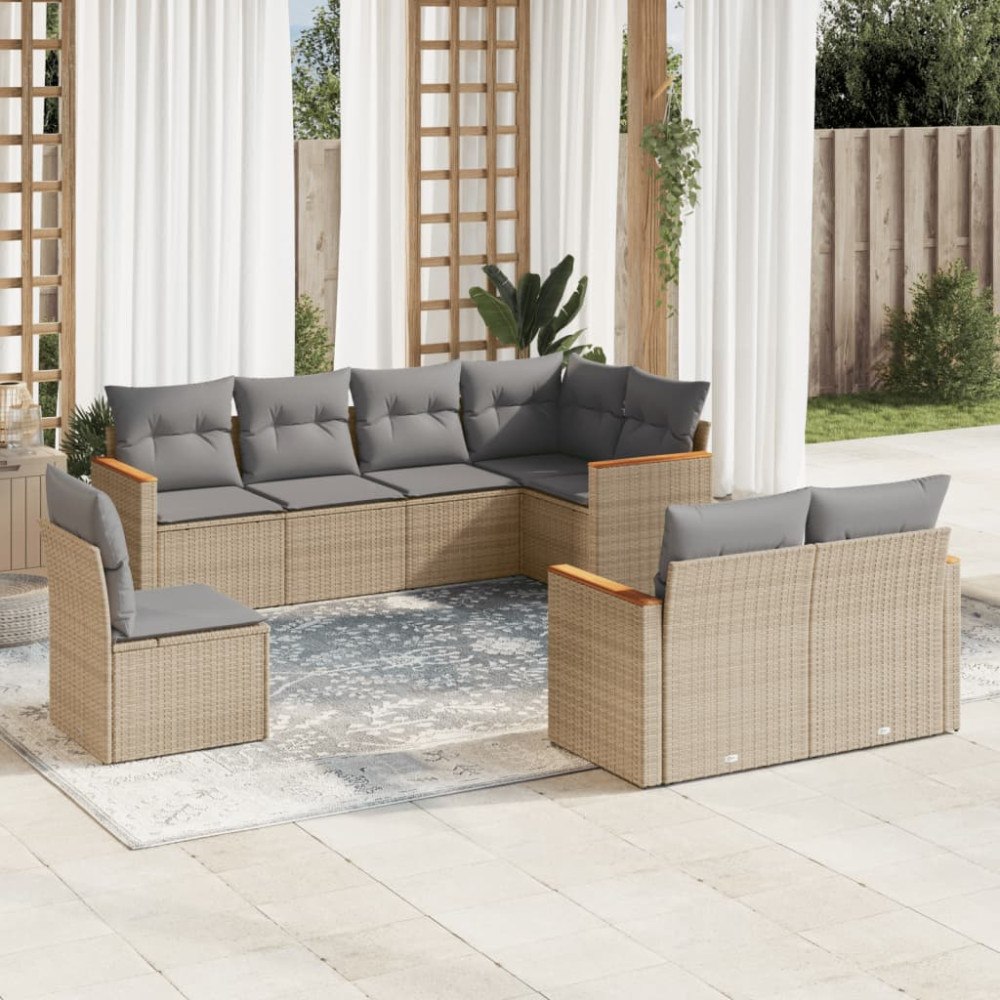 vidaXL Matgrupp för trädgården med dynor 8 delar beige konstrotting
