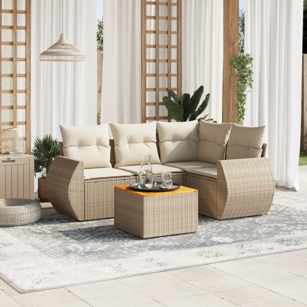 vidaXL Soffgrupp för trädgården med dynor 5 delar beige konstrotting
