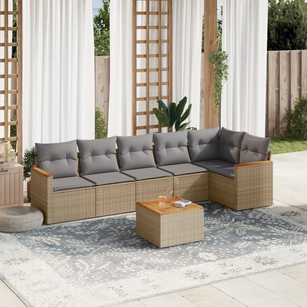 vidaXL Matgrupp för trädgården med dynor 7 delar beige konstrotting