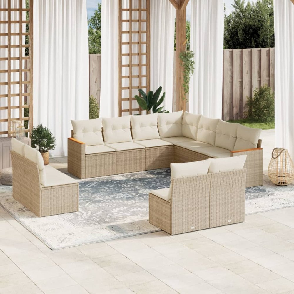 vidaXL Loungegrupp för trädgården m. dynor 11 delar beige konstrotting