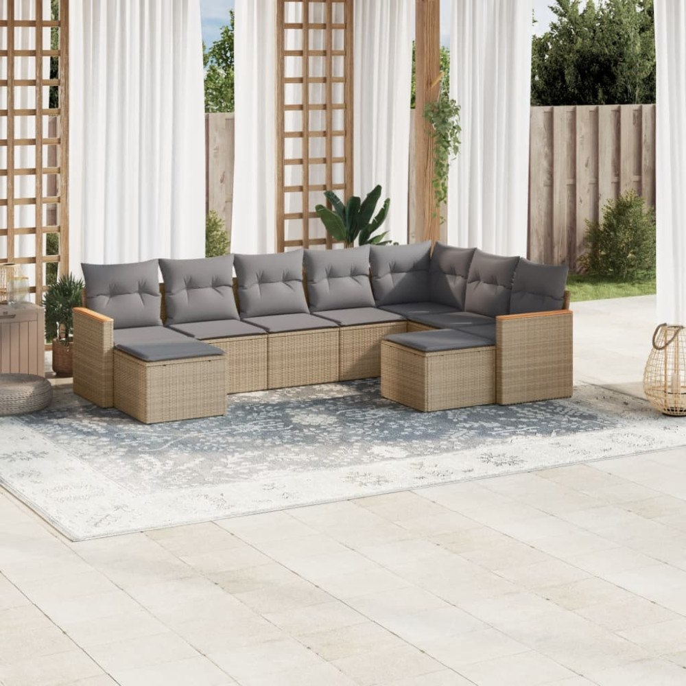 vidaXL Soffgrupp för trädgården med dynor 9 delar beige konstrotting