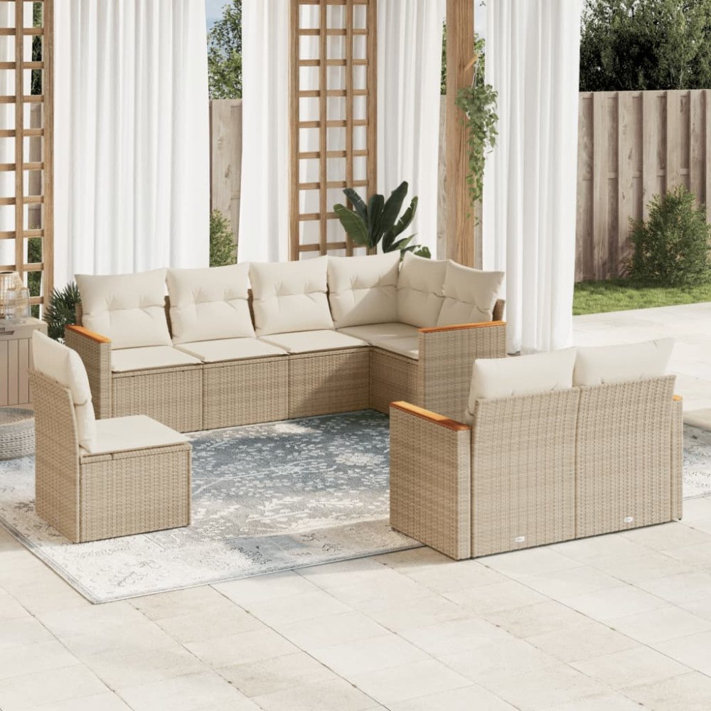 vidaXL Matgrupp för trädgården med dynor 8 delar beige konstrotting