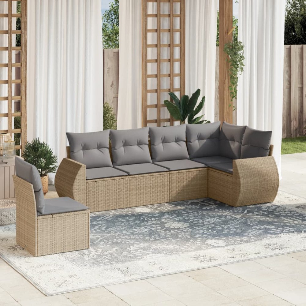 vidaXL Soffgrupp för trädgården med dynor 6 delar beige konstrotting