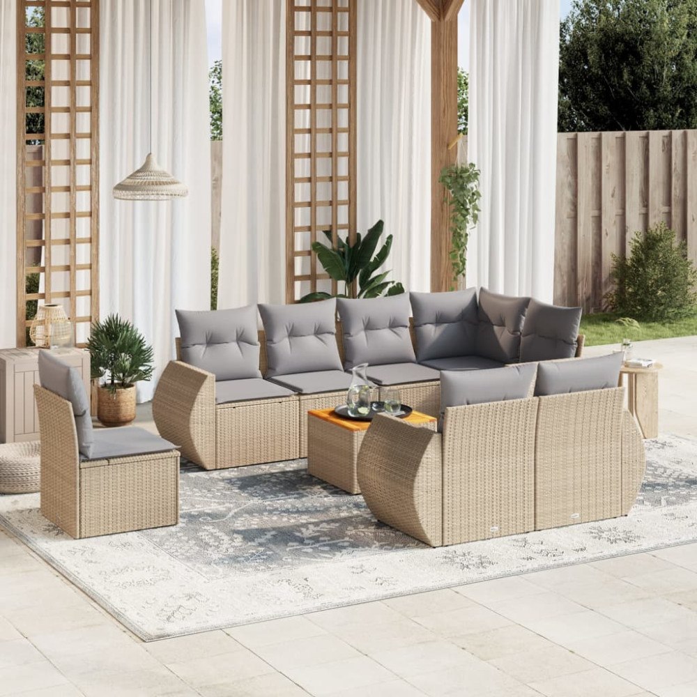 vidaXL Soffgrupp för trädgården med dynor 9 delar beige konstrotting
