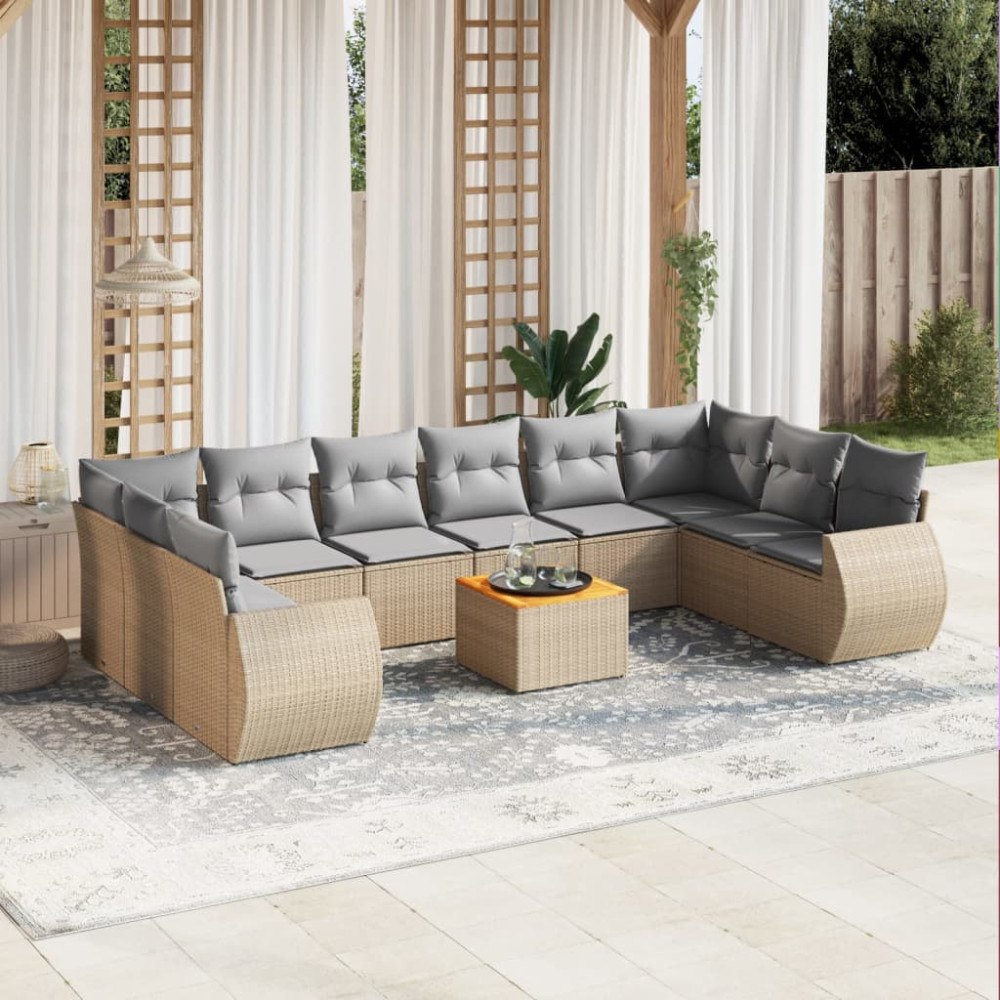 vidaXL Loungegrupp för trädgården m. dynor 11 delar beige konstrotting