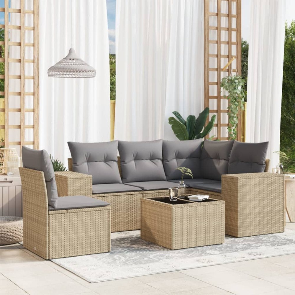 vidaXL Soffgrupp för trädgården med dynor 6 delar beige konstrotting