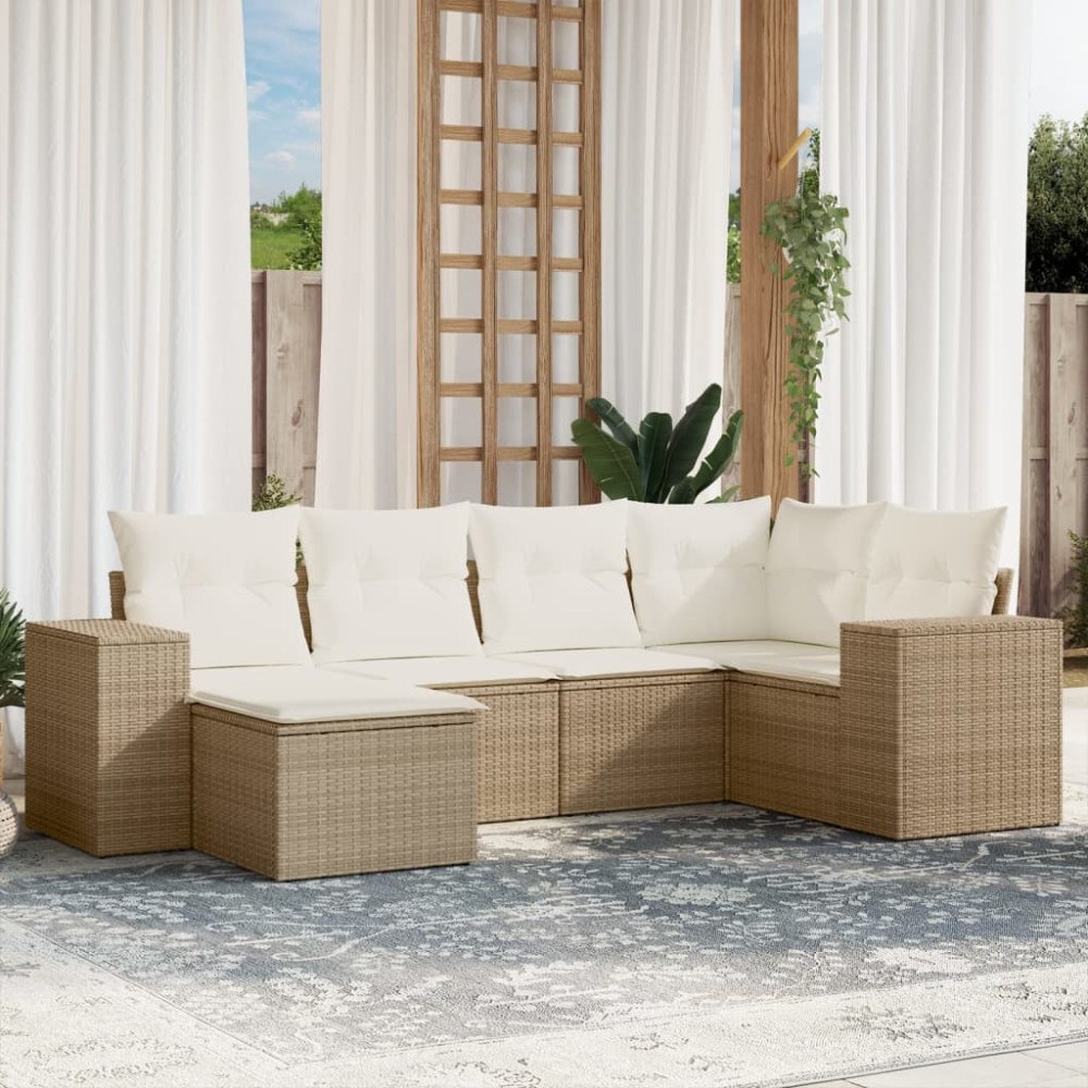 vidaXL Soffgrupp för trädgården med dynor 6 delar beige konstrotting