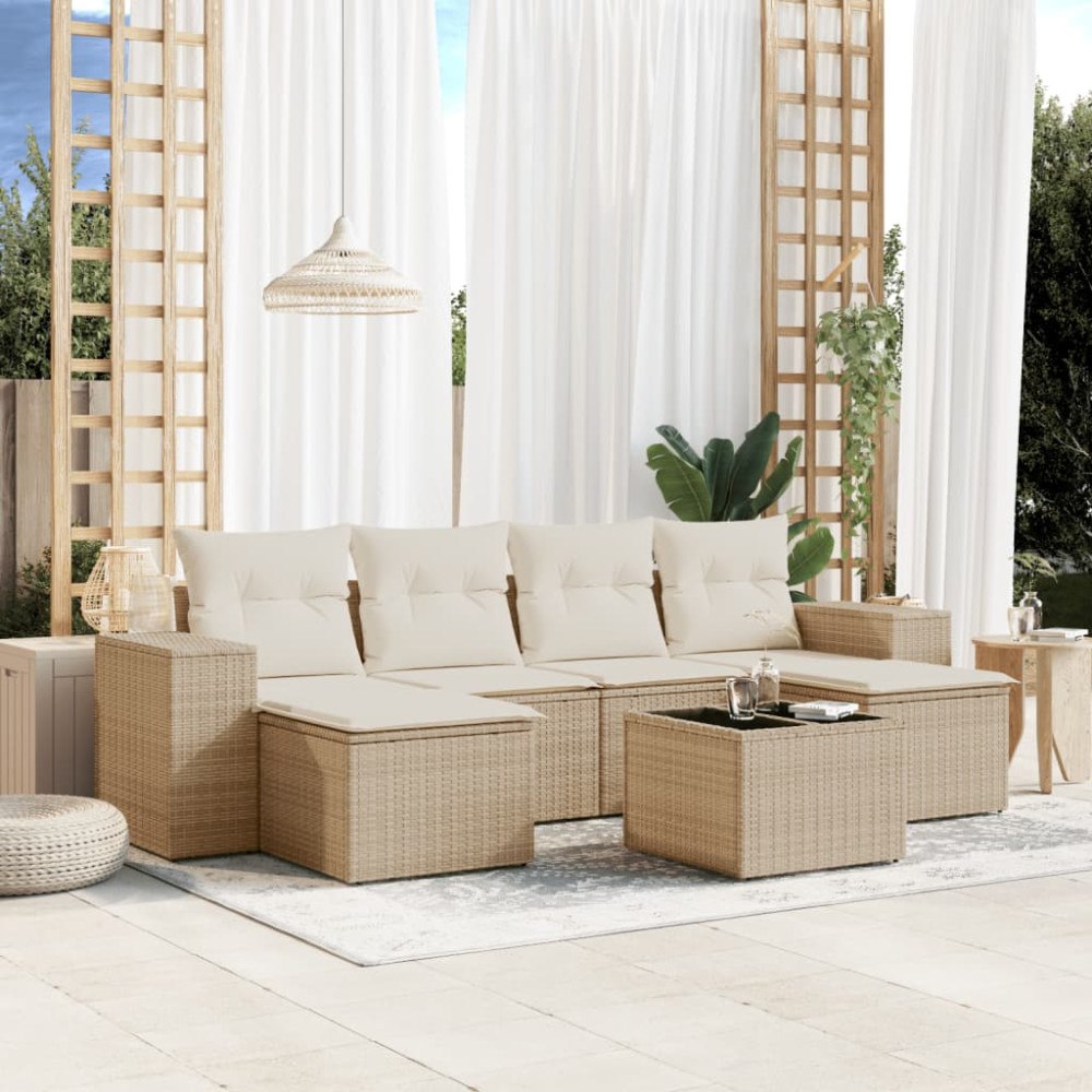 vidaXL Matgrupp för trädgården med dynor 7 delar beige konstrotting
