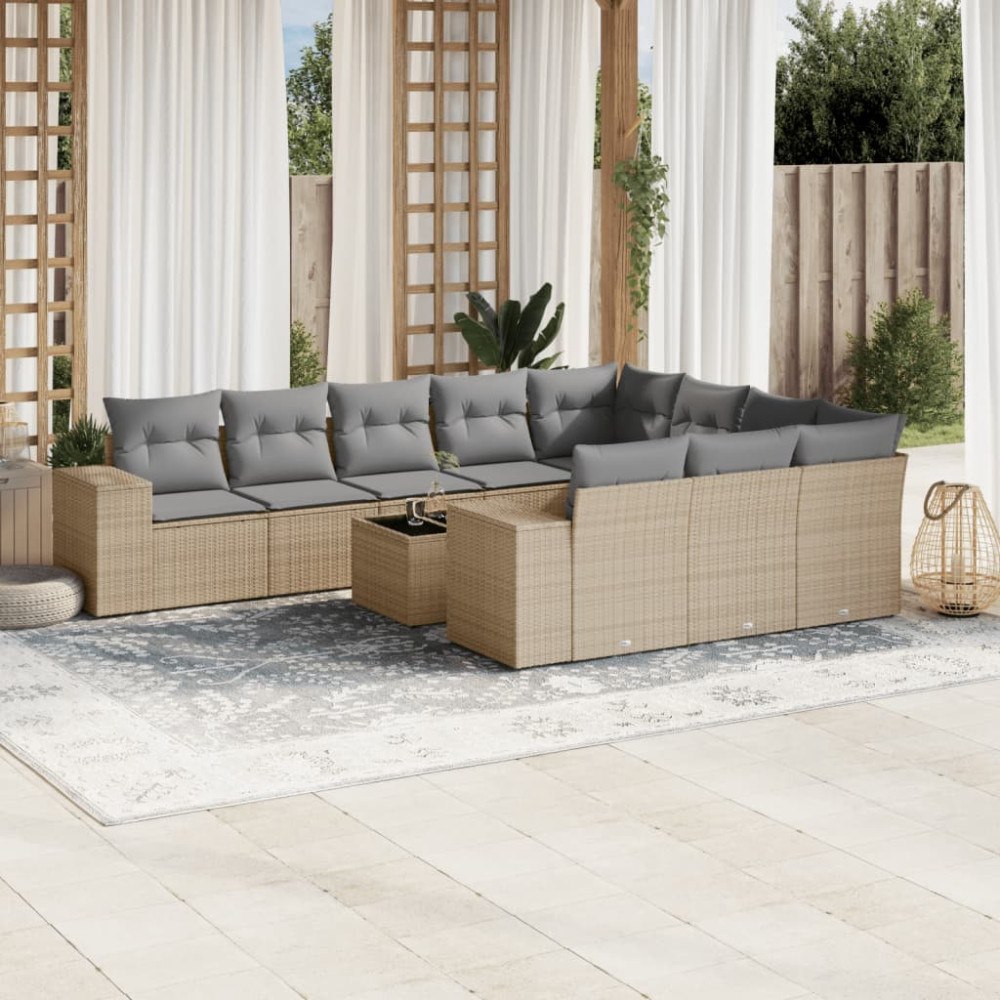 vidaXL Loungegrupp för trädgården m. dynor 11 delar beige konstrotting