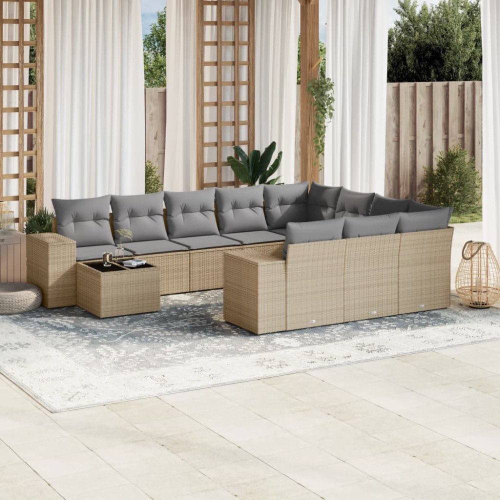 vidaXL Loungegrupp för trädgården m. dynor 11 delar beige konstrotting