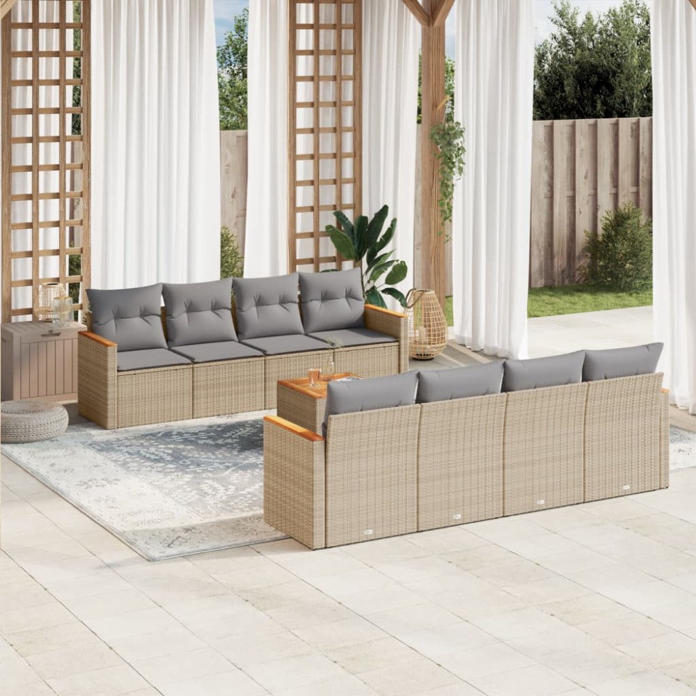 vidaXL Soffgrupp för trädgården med dynor 9 delar beige konstrotting