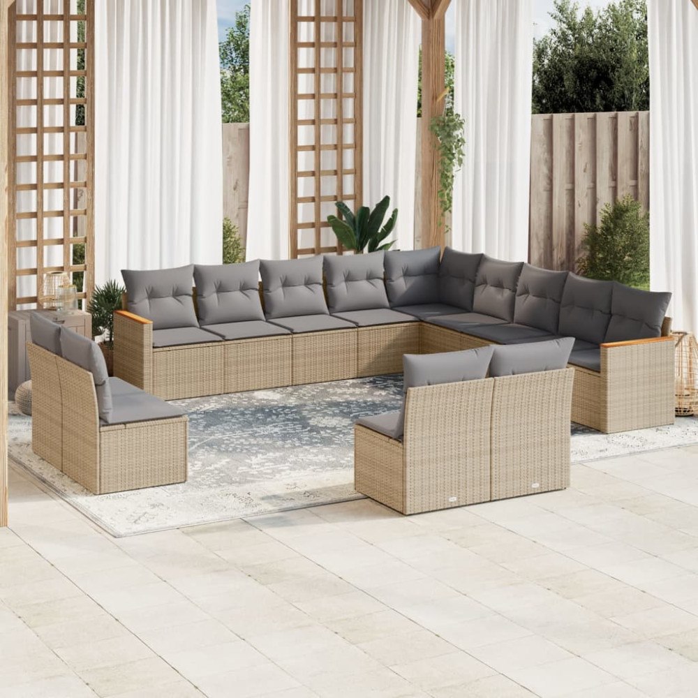 vidaXL Soffgrupp för trädgården med dynor 13 delar beige konstrotting