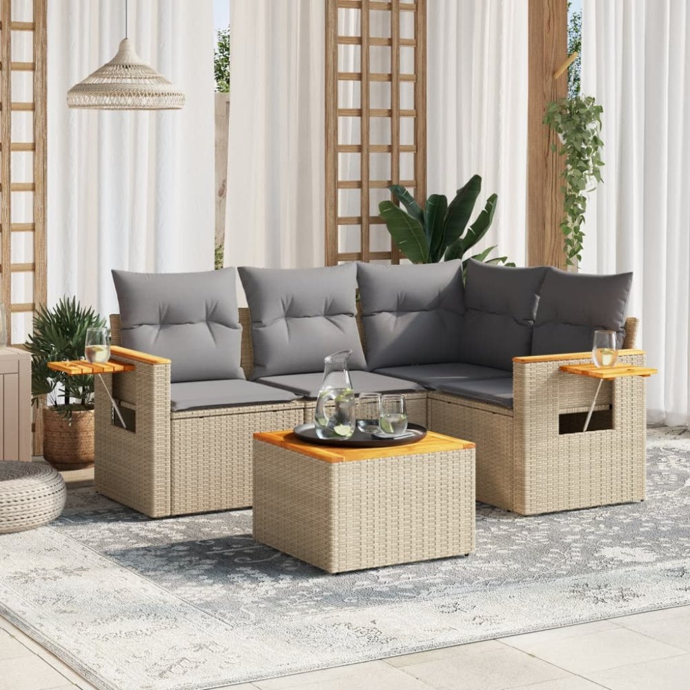 vidaXL Soffgrupp för trädgården med dynor 5 delar beige konstrotting