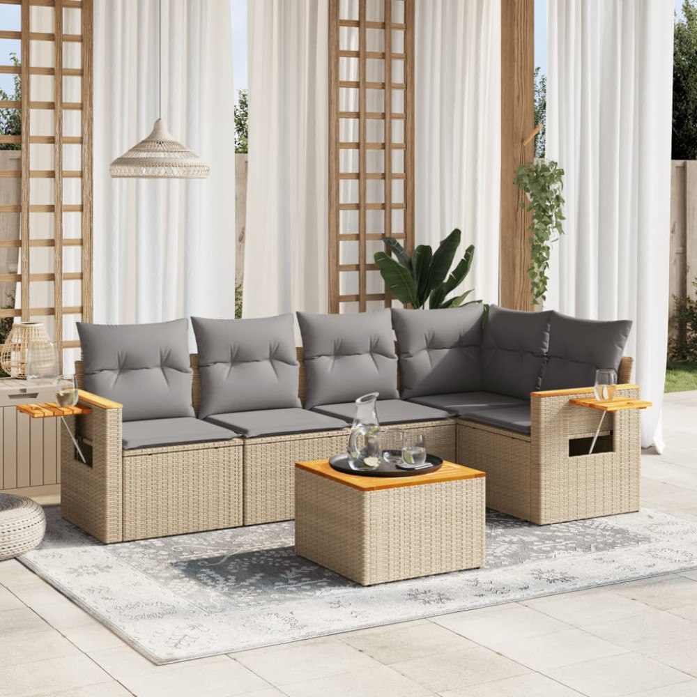 vidaXL Soffgrupp för trädgården med dynor 6 delar beige konstrotting
